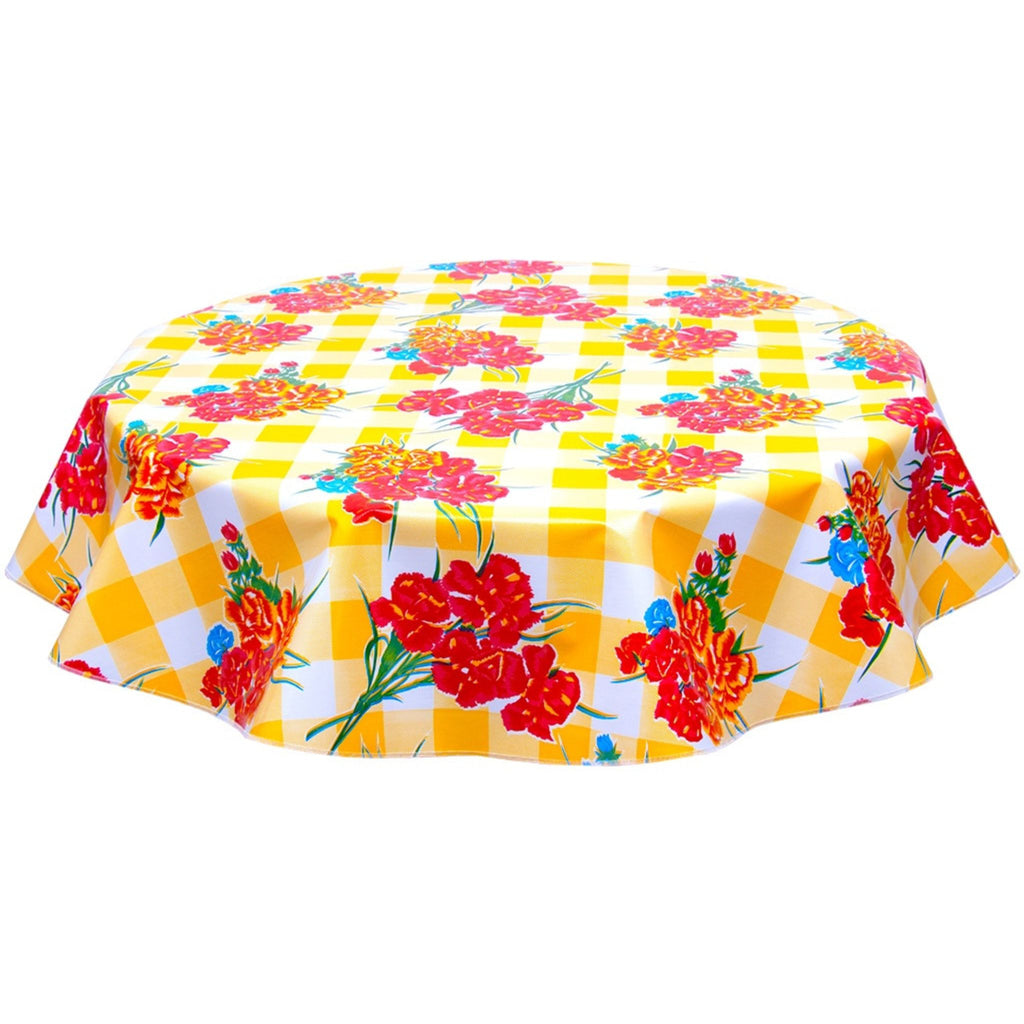 round gingham and flowers yellow oilcloth tablecloth