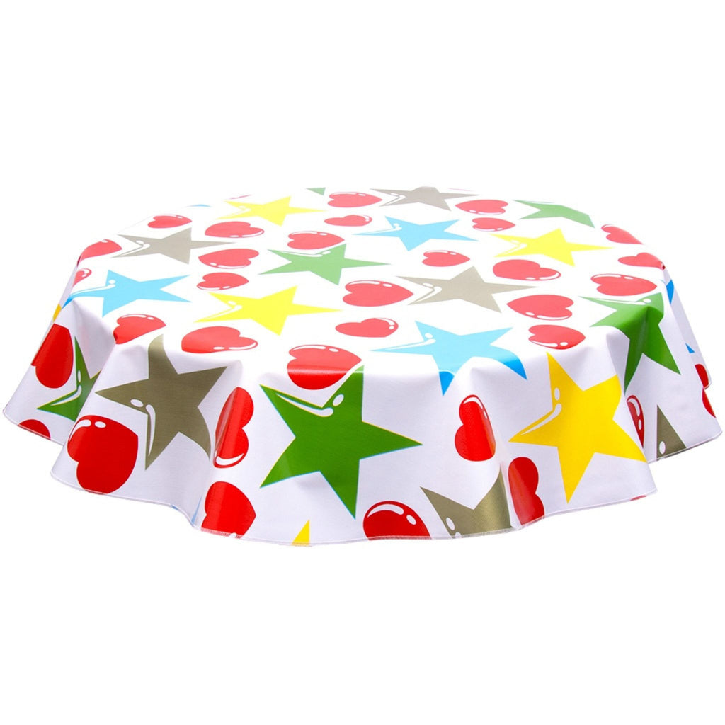 freckled sage round hearts and stars gold and red oilcloth tablecloth