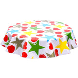 freckled sage round hearts and stars gold and red oilcloth tablecloth