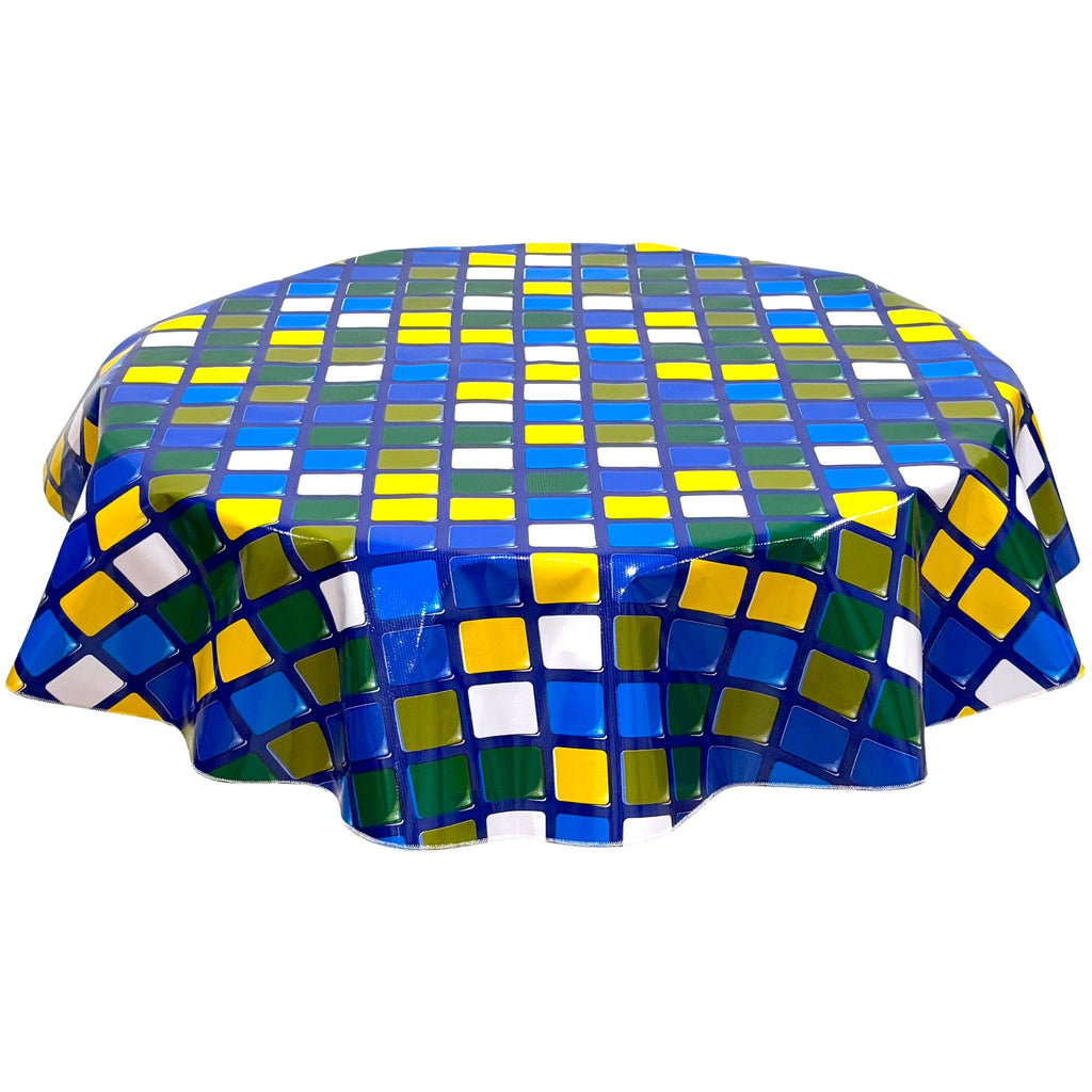 freckled sage round rubix blue oilcloth tablecloth