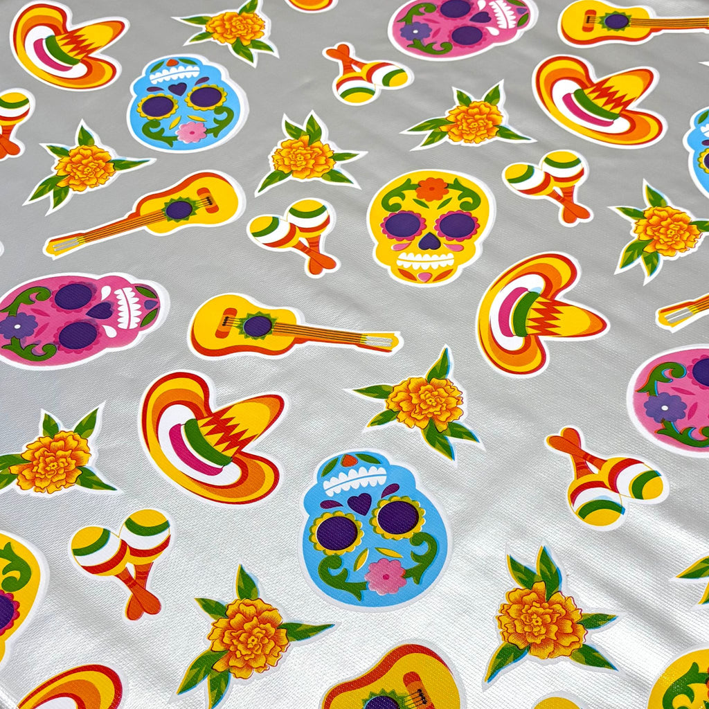 Round Skulls on Silver Oilcloth Tablecloths