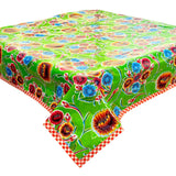 bloom lime green oilcloth tablecloth with orange gingham trim 