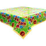 bloom lime green oilcloth tablecloth with yellow gingham trim 