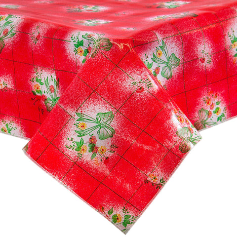 bows and bouquet red oilcloth tablecloth with a hem