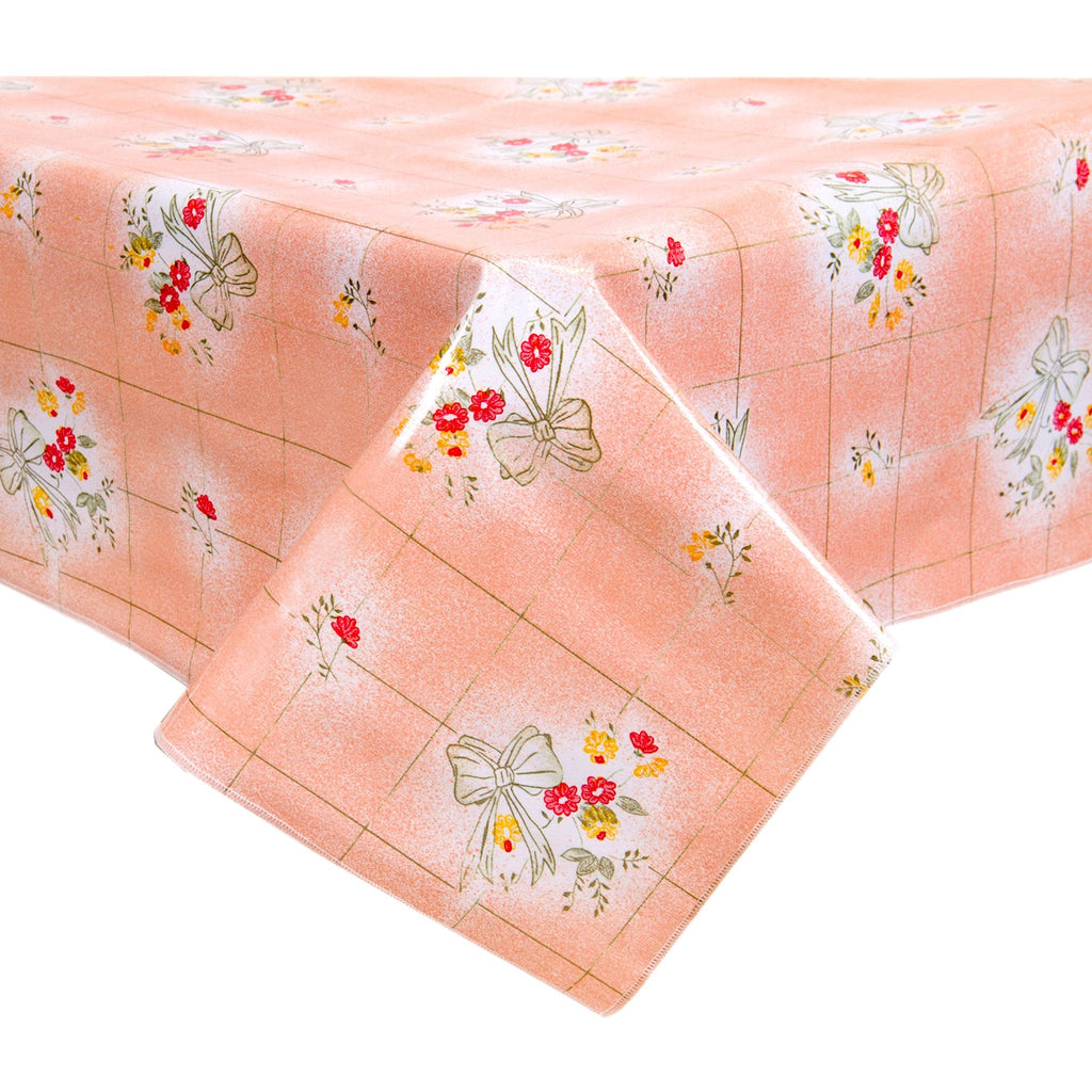bows and bouquet salmon oilcloth tablecloth with a hem