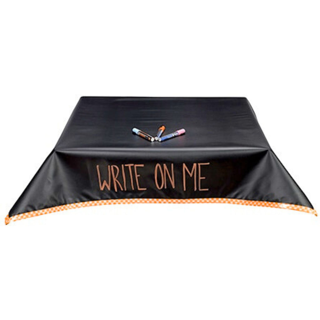 freckled sage chalk fabric tablecloth with orange gingham trim