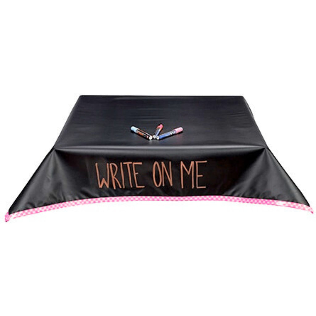 square chalk fabric tablecloth with pink gingham trim