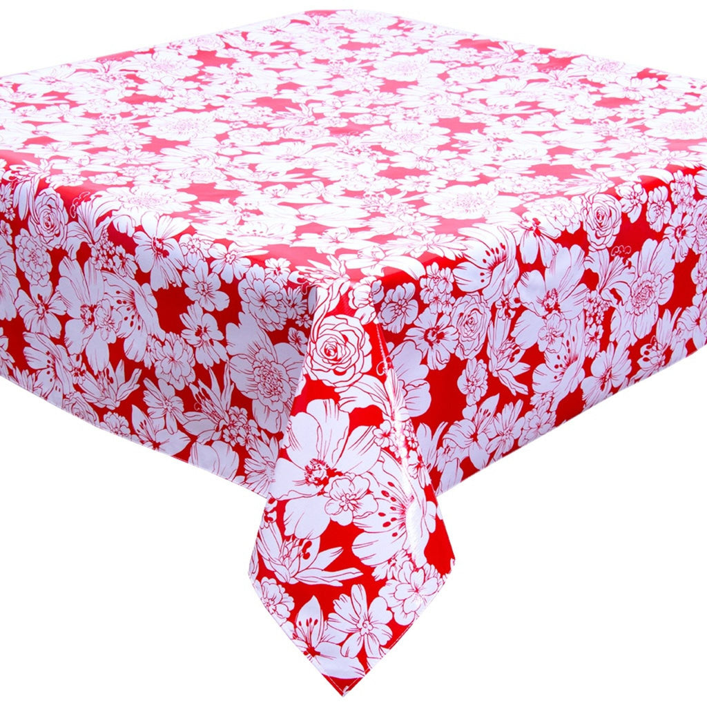 chelsea red oilcloth tablecloth with a hem