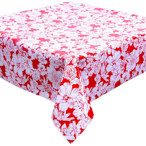 chelsea red oilcloth tablecloth with a hem