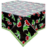cherry black oilcloth tablecloth with lime gingham trim