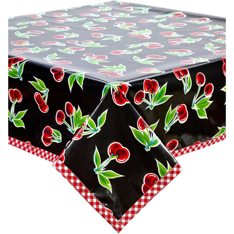cherry black oilcloth tablecloth with red gingham trim