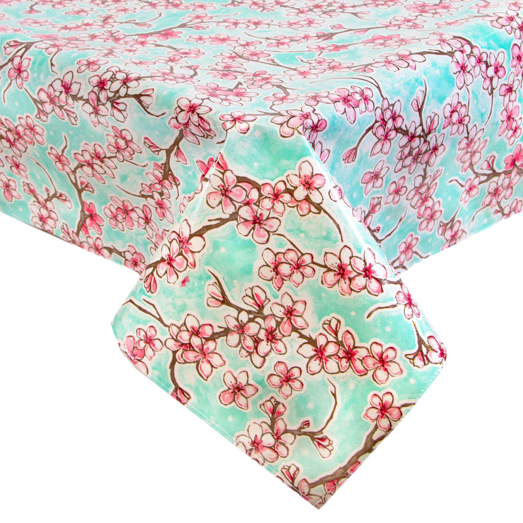 cherry blossom aqua oilcloth tablecloth with a hem