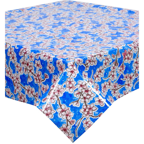 cherry blossom blue oilcloth tablecloth with a hem