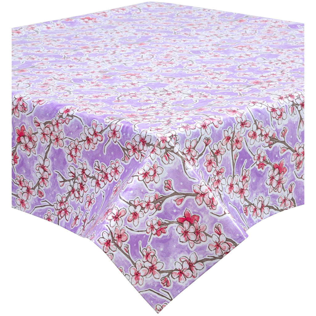 cherry blossom lavender oilcloth tablecloth with a hem