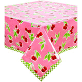 cherry pink oilcloth tablecloth with lime green gingham trim