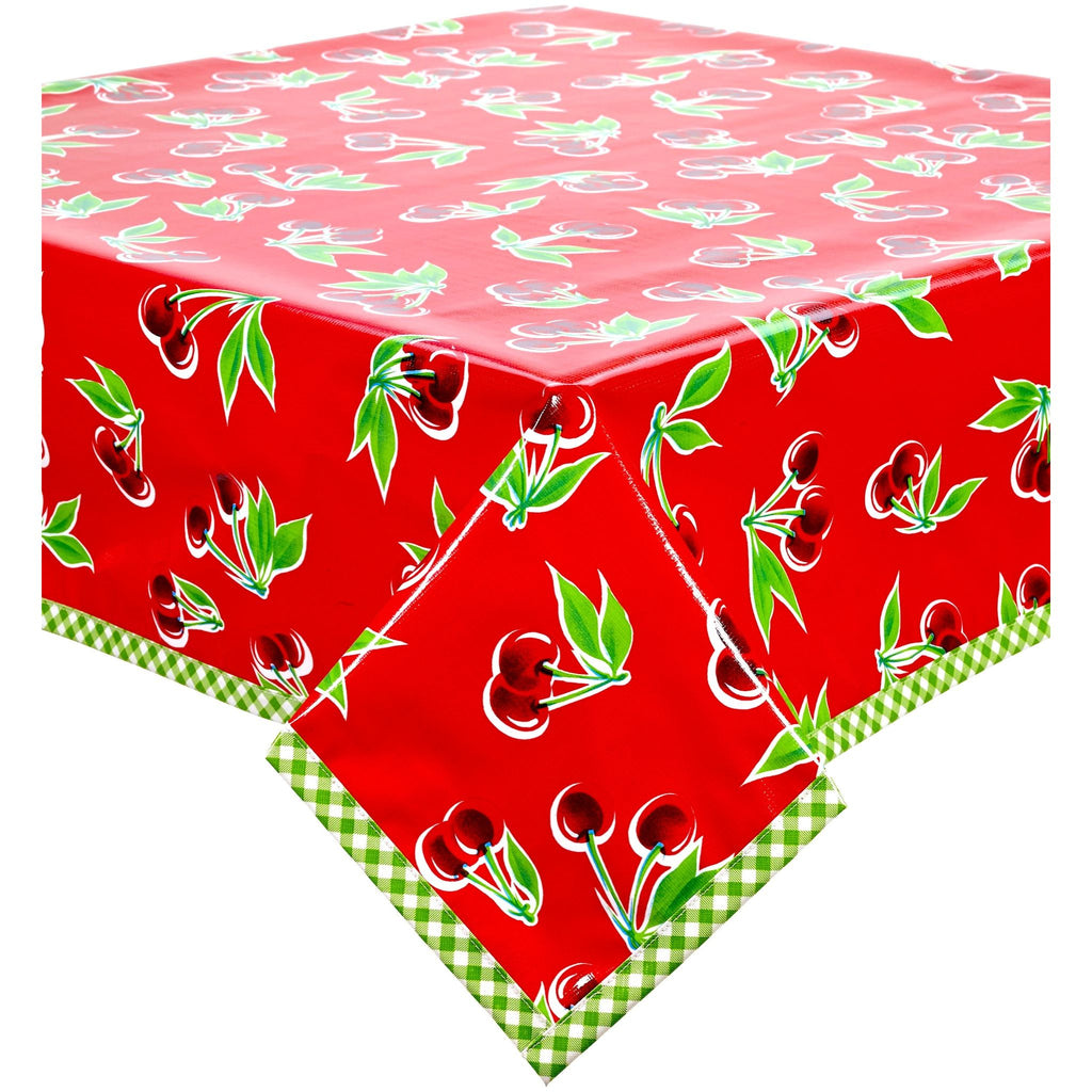 cherry red oilcloth tablecloth with lime green gingham trim