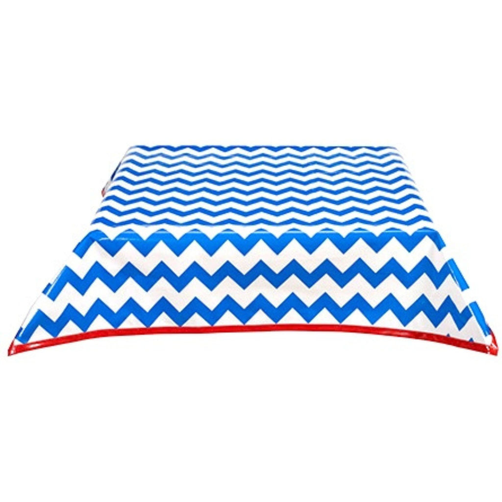 chevron blue oilcloth tablecloth with solid red trim