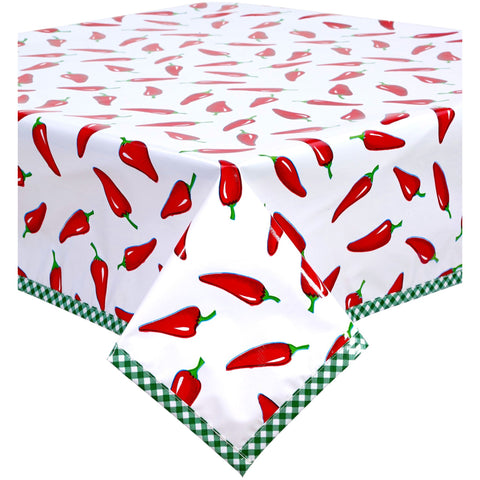 chili peppers white oilcloth tablecloth with dark green gingham trim