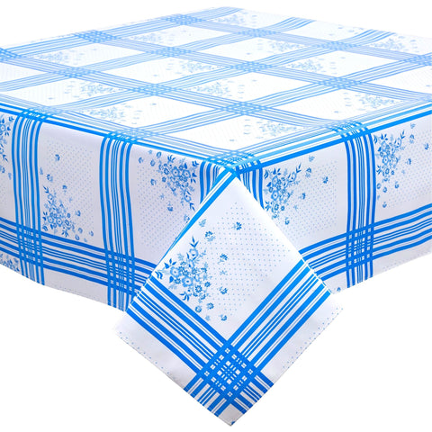 square corn flower blue oilcloth tablecloth with a simple hem