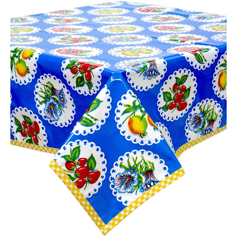 square doily 2 blue oilcloth tablecloth with yellow gingham trim