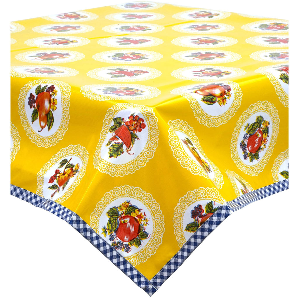 square doily yellow oilcloth tablecloth with navy blue gingham trim