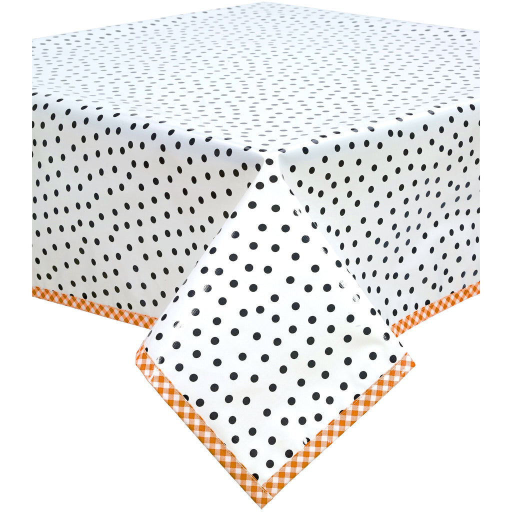 freckled sage dot black oilcloth tablecloth with orange gingham trim