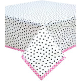square dot black oilcloth tablecloth with pink gingham trim