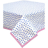 square dot blue oilcloth tablecloth with pink gingham trim