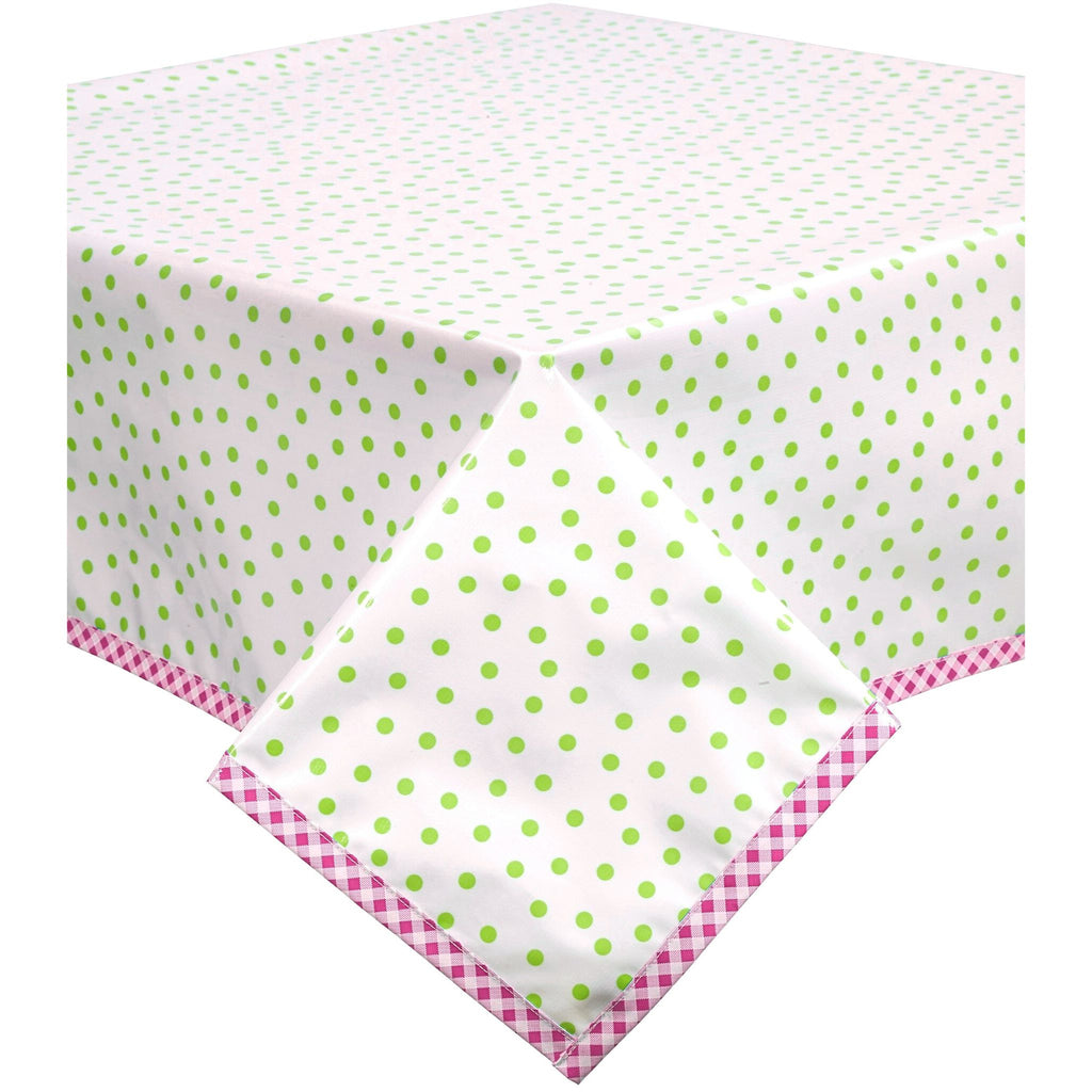 freckled sage dot lime green oilcloth tablecloth with pink gingham trim
