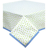 square dot lime green oilcloth tablecloth with blue gingham trim
