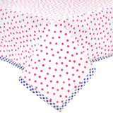 square dot pink oilcloth tablecloth with navy blue gingham trim