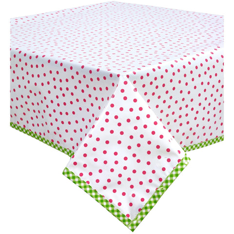 square dot pink oilcloth tablecloth with lime green gingham trim