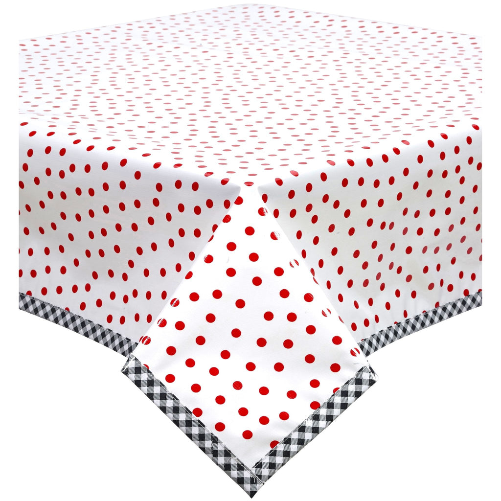 square dot red oilcloth tablecloth with black gingham trim