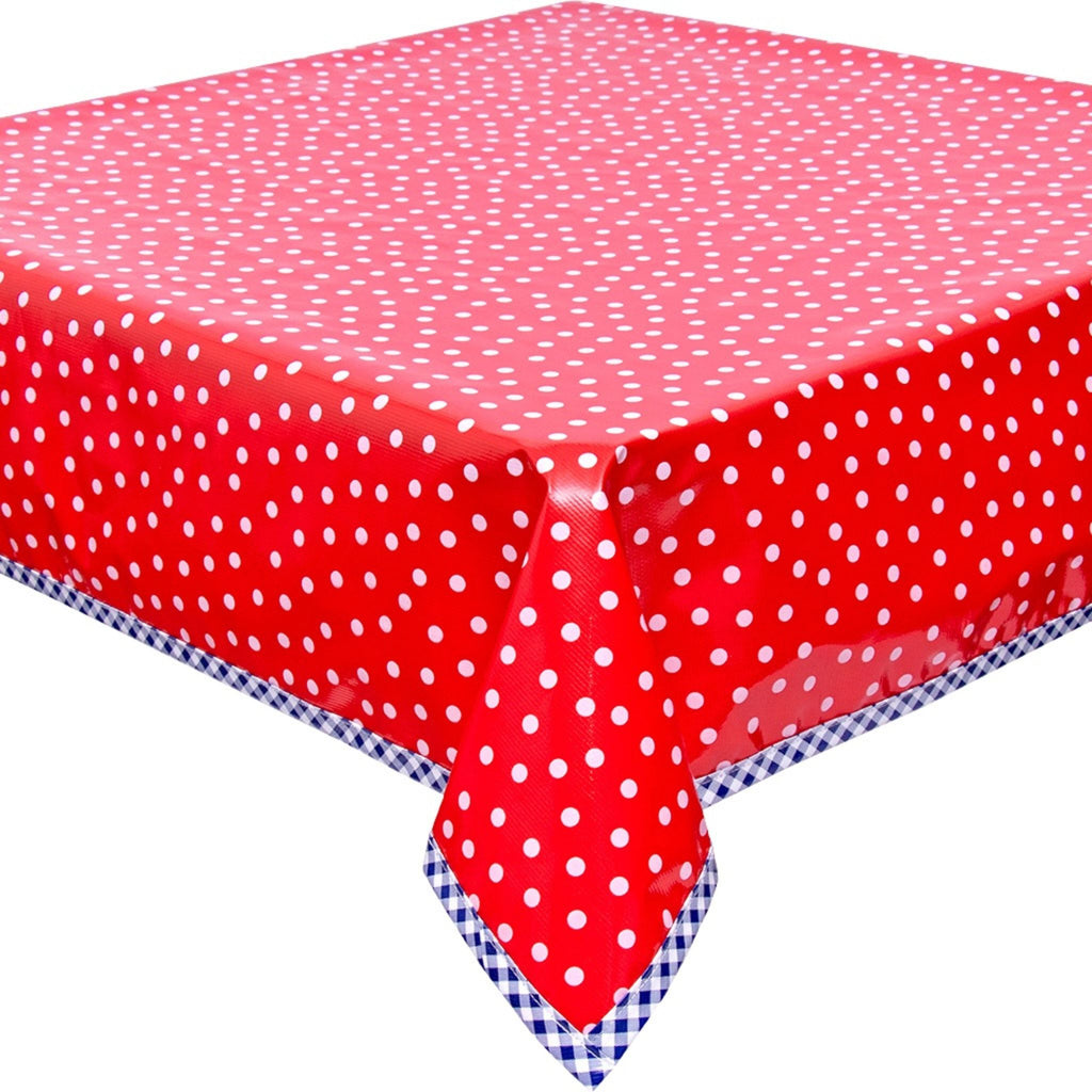freckled sage dot white on red with navy blue gingham trim