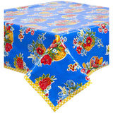 square flower basket blue oilcloth tablecloth with yellow gingham trim