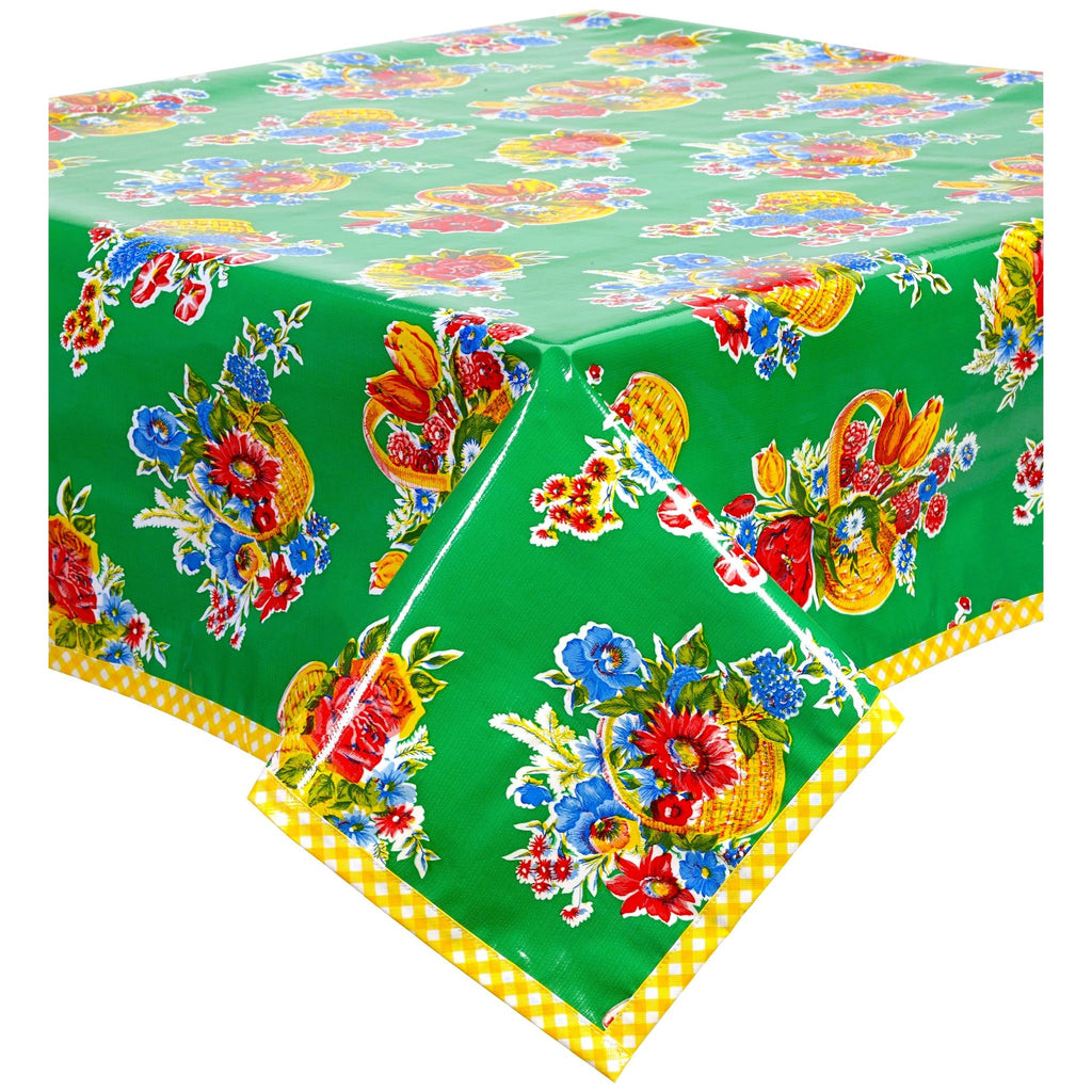 square flower basket green oilcloth tablecloth with yellow gingham trim