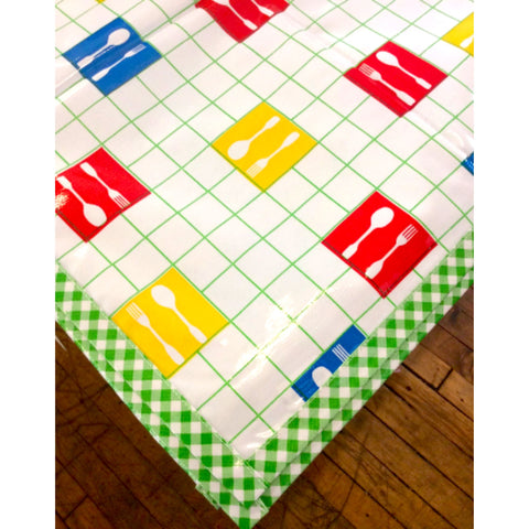 forks and spoons lime green oilcloth tablecloth with lime green gingham trim