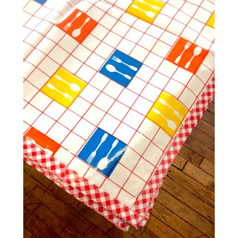 forks and spoons red oilcloth tablecloth with red gingham trim