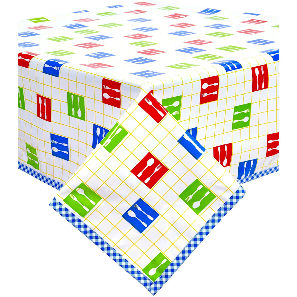 square forks and spoons yellow tablecloth with blue gingham trim