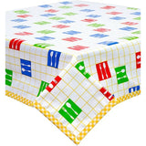 square forks and spoons yellow tablecloth with yellow gingham trim