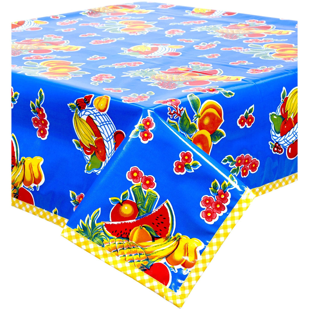 fruit basket blue oilcloth tablecloth with yellow gingham trim