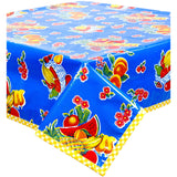 fruit basket blue oilcloth tablecloth with yellow gingham trim