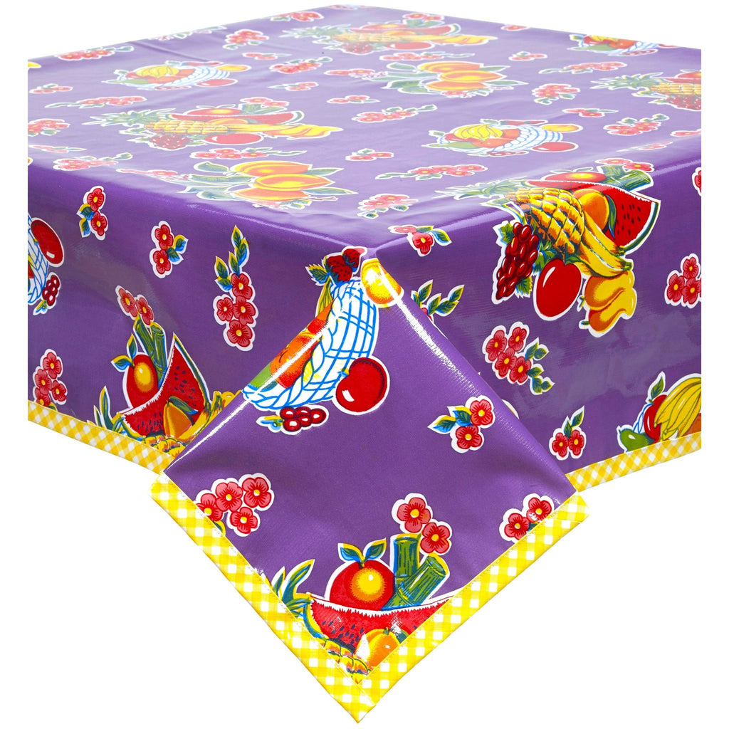 fruit basket purple oilcloth tablecloth with yellow gingham trim