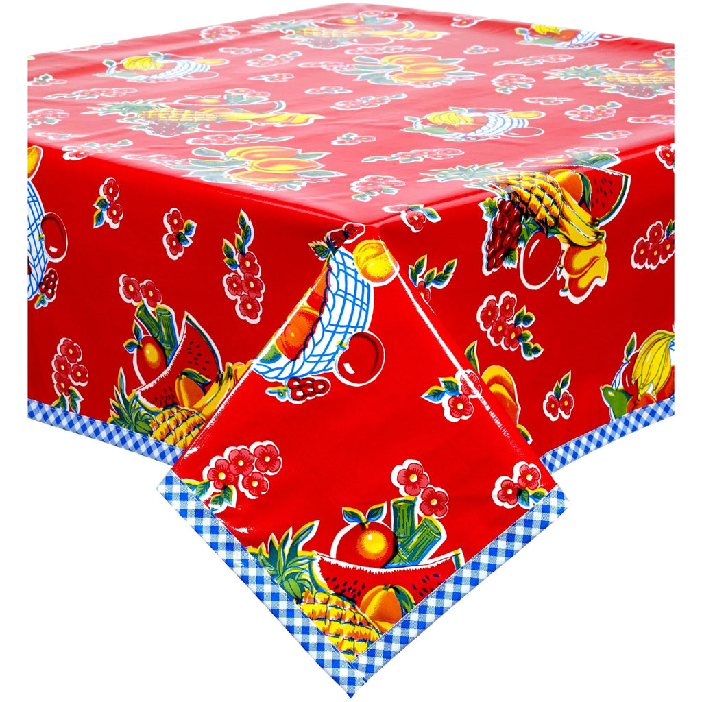 fruit basket red oilcloth tablecloth with blue gingham trim