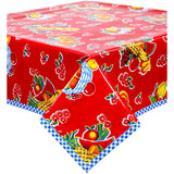 fruit basket red oilcloth tablecloth with blue gingham trim