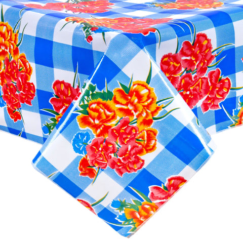 gingham and flowers blue oilcloth tablecloth with a simple hem