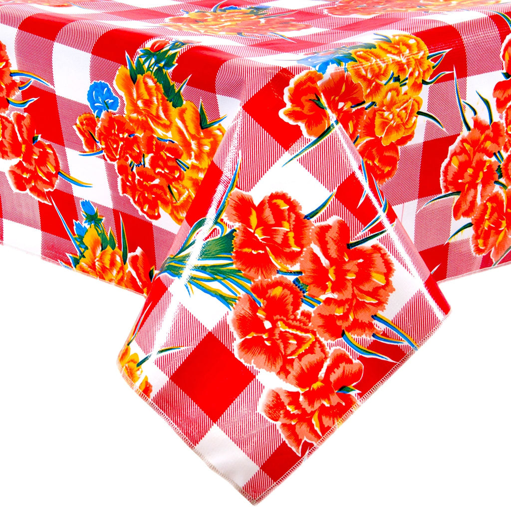 gingham and flowers red oilcloth tablecloth with a simple hem