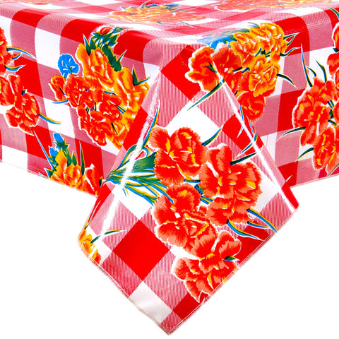 gingham and flowers red oilcloth tablecloth with a simple hem