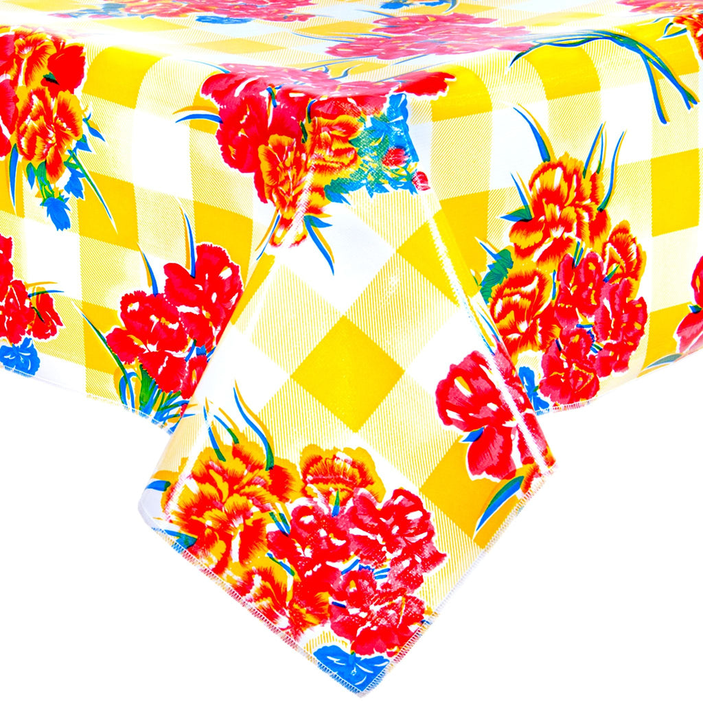 gingham and flowers yellow oilcloth tablecloth with a simple hem
