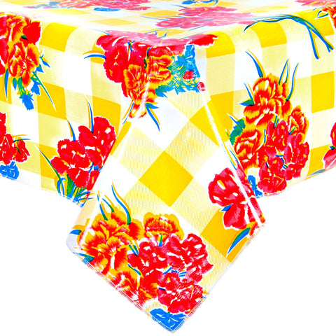 gingham and flowers yellow oilcloth tablecloth with a simple hem